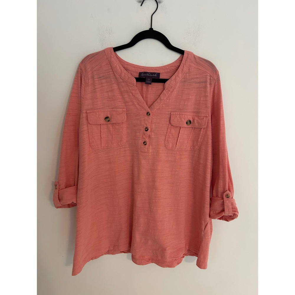 Gloria Vanderbilt Womens XXL Coral Pink Slub Knit Roll Tab Sleeve Henley Top